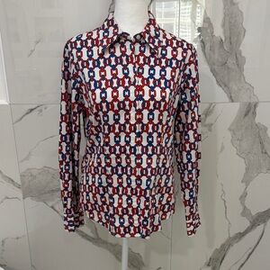 Jones New York Red Blue Geometric Chain Link Button Down Shirt Size S